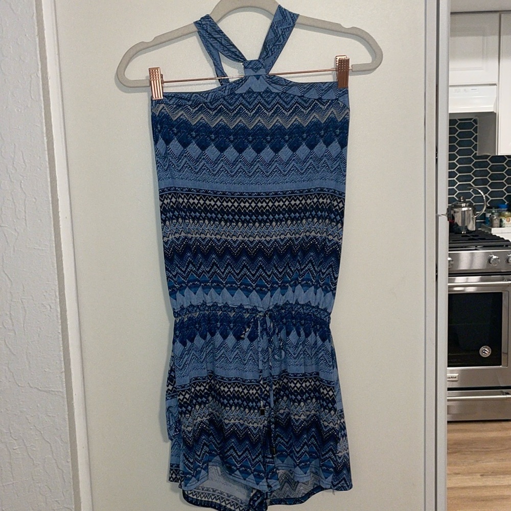 Elan Beach Halter Romper in Navy and light Blue Pattern | S